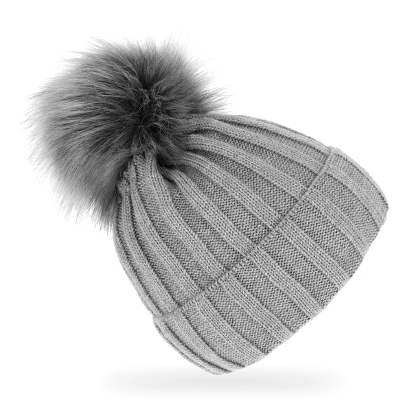 fiebig Strickmütze mit Kunstfell Bommel | Mütze aus Wolle mit Fleece-Futter | Beanie Made in Europe