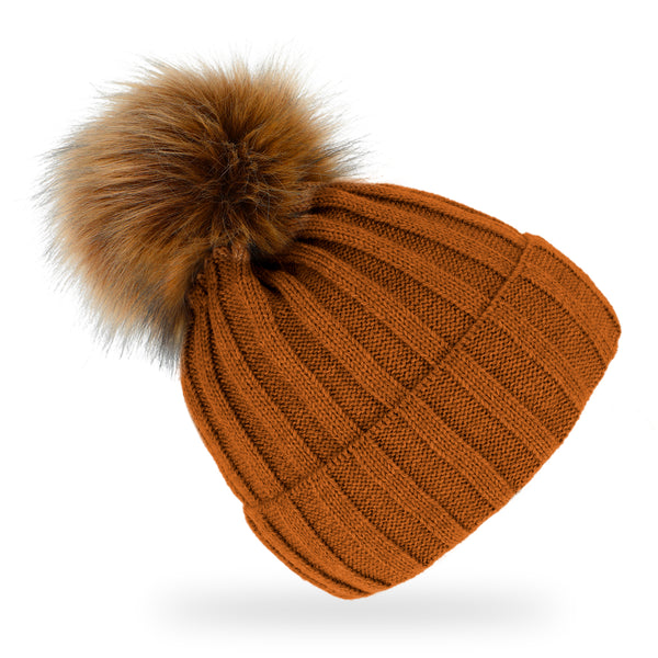 fiebig Strickmütze mit Kunstfell Bommel | Mütze aus Wolle mit Fleece-Futter | Beanie Made in Europe