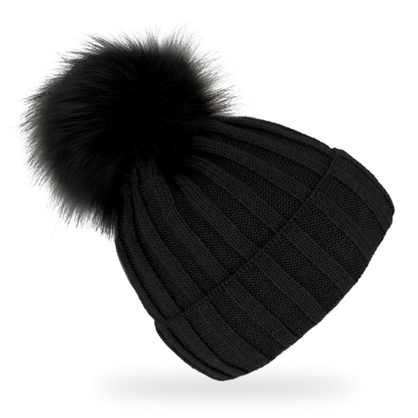 fiebig Strickmütze mit Kunstfell Bommel | Mütze aus Wolle mit Fleece-Futter | Beanie Made in Europe