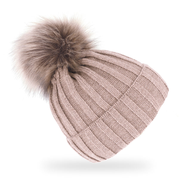 fiebig Strickmütze mit Kunstfell Bommel | Mütze aus Wolle mit Fleece-Futter | Beanie Made in Europe