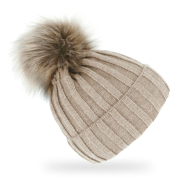 fiebig Strickmütze mit Kunstfell Bommel | Mütze aus Wolle mit Fleece-Futter | Beanie Made in Europe