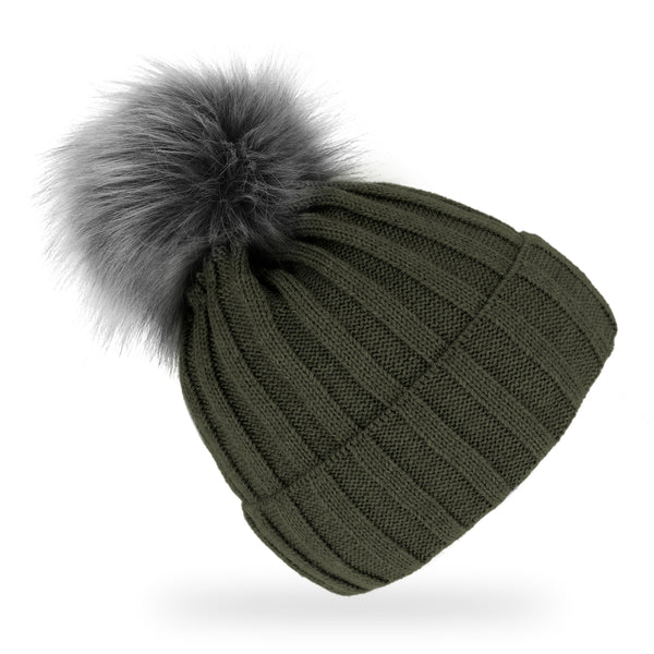 fiebig Strickmütze mit Kunstfell Bommel | Mütze aus Wolle mit Fleece-Futter | Beanie Made in Europe
