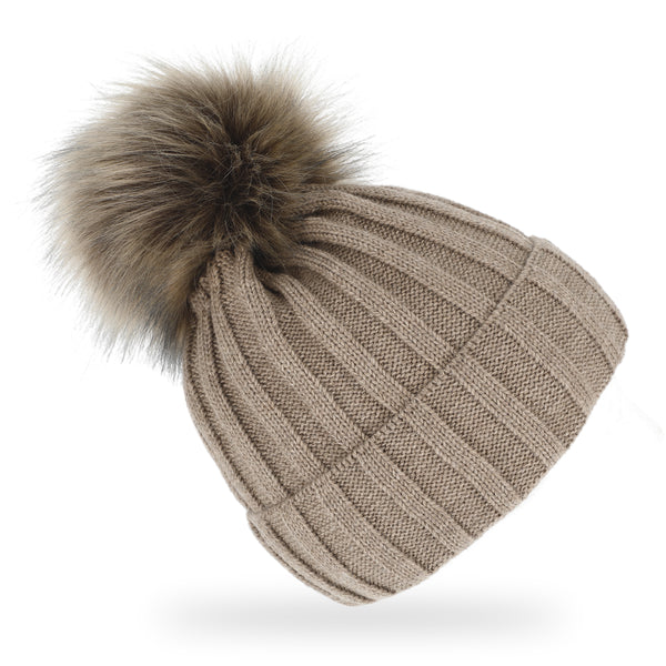 fiebig Strickmütze mit Kunstfell Bommel | Mütze aus Wolle mit Fleece-Futter | Beanie Made in Europe