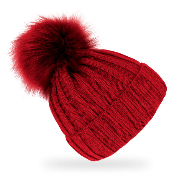 fiebig Strickmütze mit Kunstfell Bommel | Mütze aus Wolle mit Fleece-Futter | Beanie Made in Europe