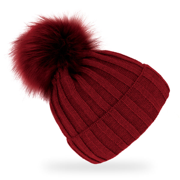 fiebig Strickmütze mit Kunstfell Bommel | Mütze aus Wolle mit Fleece-Futter | Beanie Made in Europe