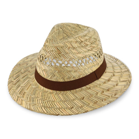 fiebig Traveller Strohhut mit Ripsband | Sommerhut mit eingeflochtenen Luftlöchern | Natur Sonnenhut mit breiter Krempe