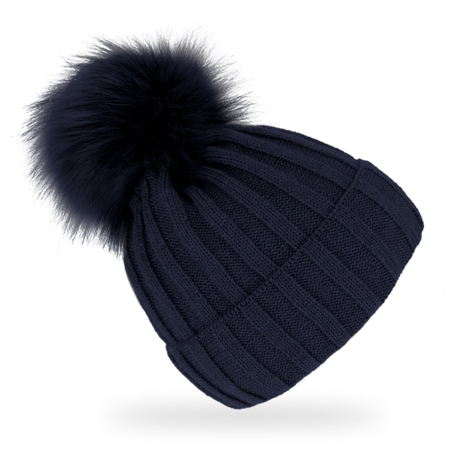 fiebig Strickmütze mit Kunstfell Bommel | Mütze aus Wolle mit Fleece-Futter | Beanie Made in Europe