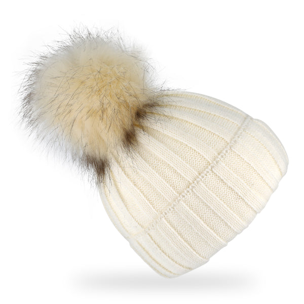 fiebig Strickmütze mit Kunstfell Bommel | Mütze aus Wolle mit Fleece-Futter | Beanie Made in Europe